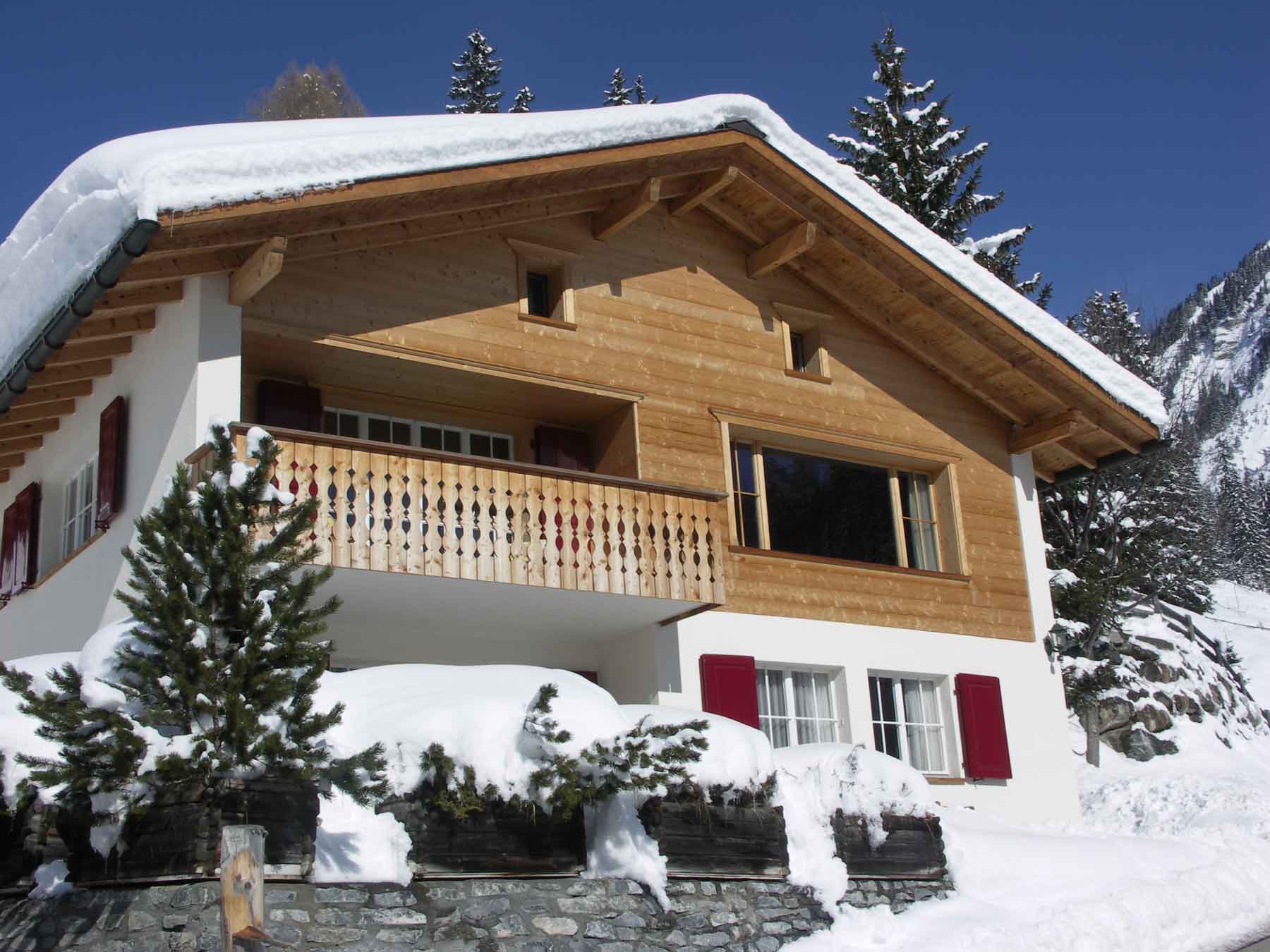 Chalet seen from outside in the snow