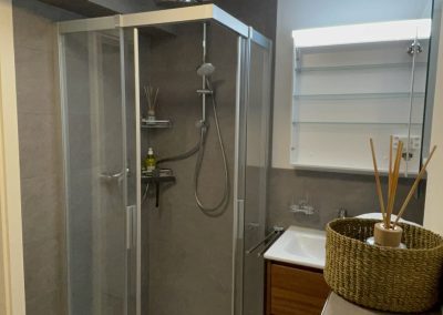 Modern bathroom with a walk in shower, mirror and sink